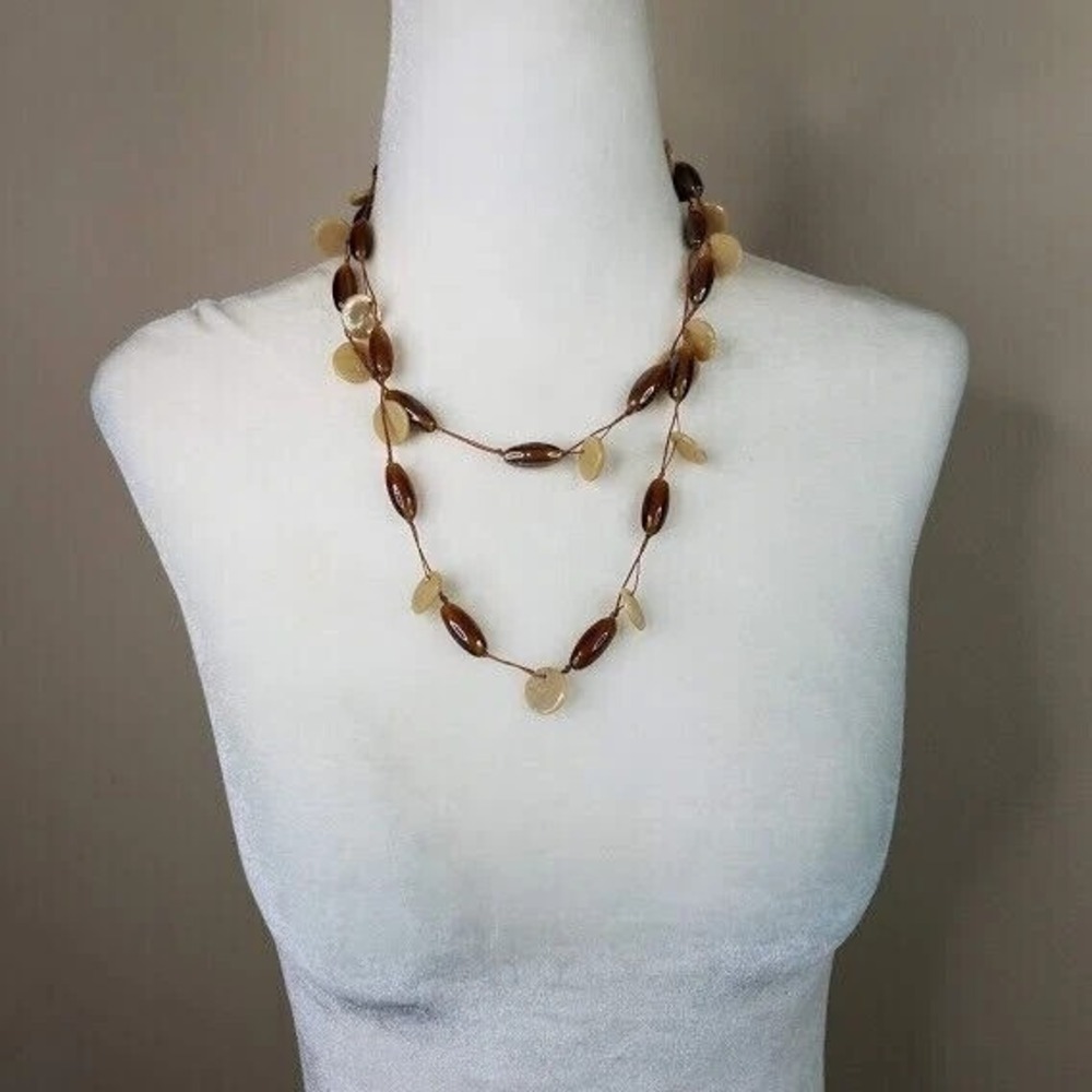 Long Beaded Necklace Brown‎ Amber Cream Organic Boho Style Fashion Jewelry